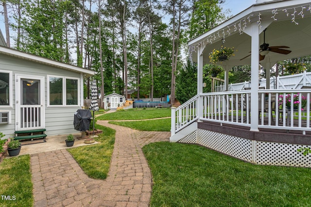 view of yard with entry steps, a storage unit, an outbuilding, and ceiling fan