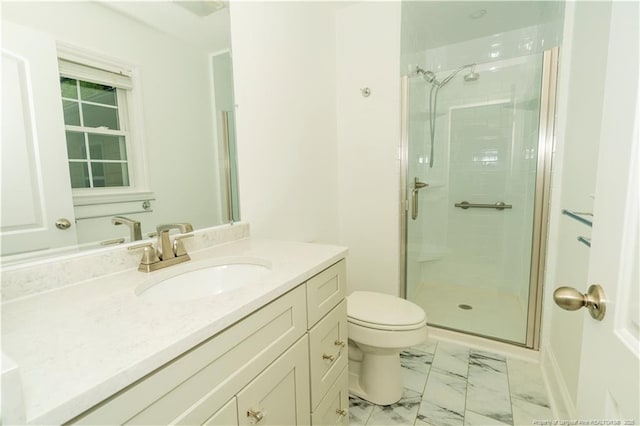 2513 Colgate Dr, Fayetteville, NC 28304 - full bathroom featuring a stall shower, toilet, marble look tiles, and vanity