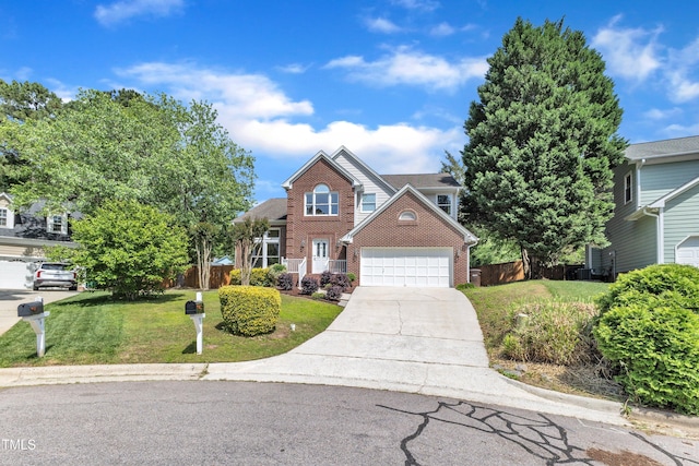 traditional-style home featuring fence, a front lawn, brick siding, a garage, and concrete driveway