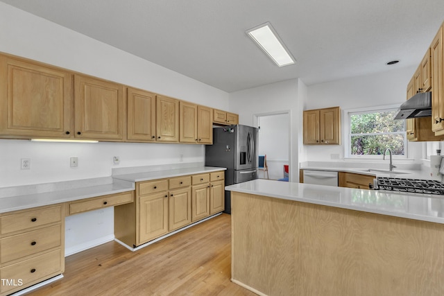 kitchen with white dishwasher, a sink, light countertops, under cabinet range hood, and light wood-style flooring