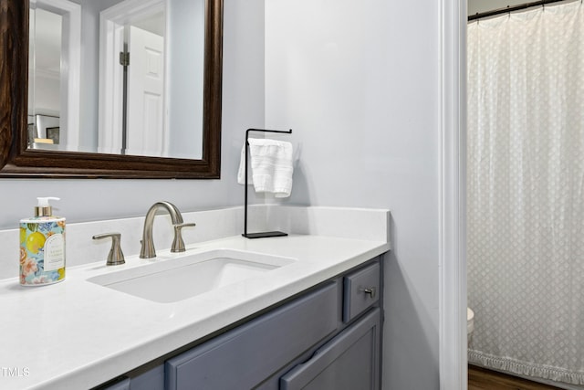 bathroom featuring toilet, a shower with shower curtain, and vanity
