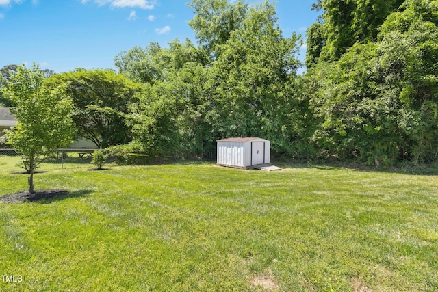 view of yard with a storage shed, fence, and an outbuilding