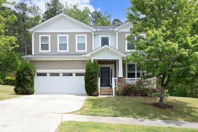craftsman-style house with a porch, a garage, a front lawn, concrete driveway, and a shingled roof