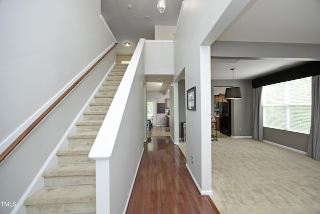 staircase featuring baseboards, a healthy amount of sunlight, and wood finished floors