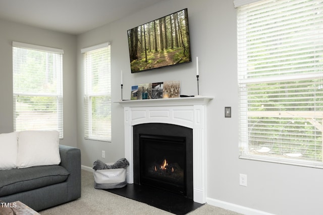 living room featuring carpet floors, baseboards, and a fireplace with flush hearth
