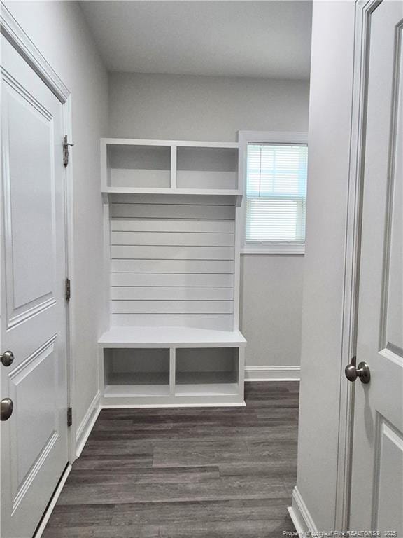 mudroom featuring baseboards and dark wood-type flooring