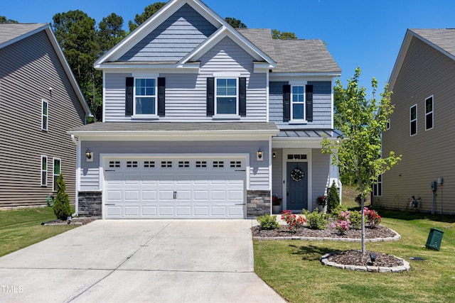 view of front of house with a garage, driveway, stone siding, and a front lawn