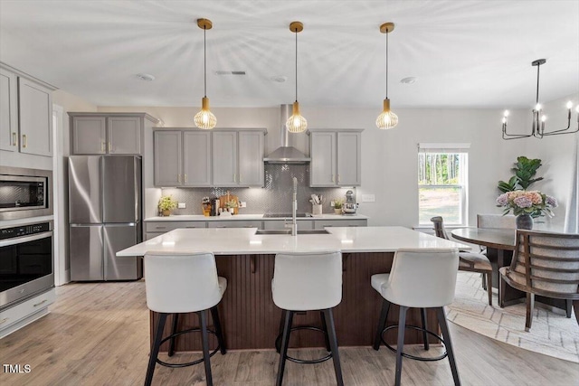 7729 Calcutta Dr, Willow Springs, NC 27592 - kitchen with wall chimney range hood, light countertops, gray cabinets, stainless steel appliances, and backsplash