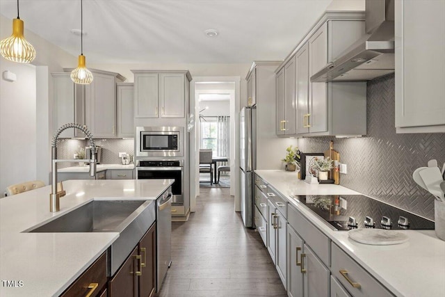 7729 Calcutta Dr, Willow Springs, NC 27592 - kitchen featuring wall chimney range hood, light countertops, tasteful backsplash, a sink, and stainless steel appliances