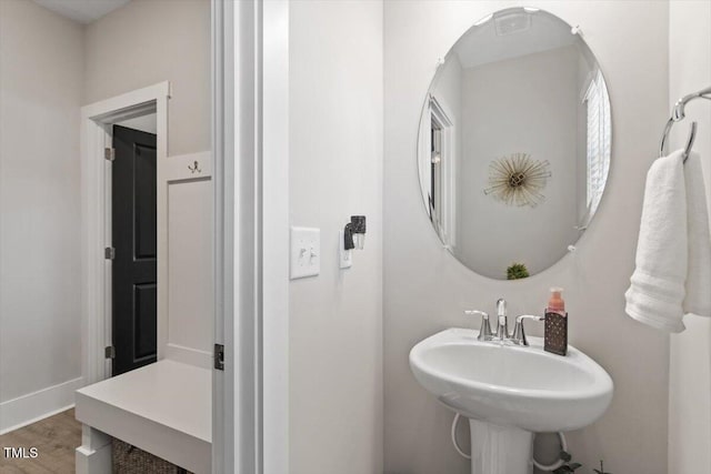 7729 Calcutta Dr, Willow Springs, NC 27592 - bathroom with baseboards, a sink, and wood finished floors