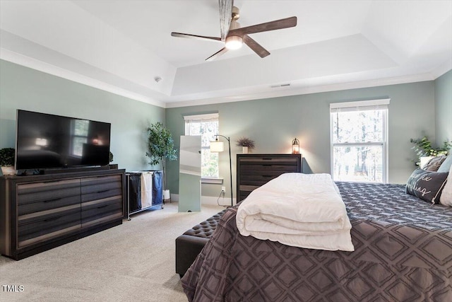 7729 Calcutta Dr, Willow Springs, NC 27592 - carpeted bedroom with a raised ceiling, ceiling fan, and visible vents