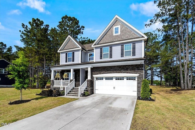 7729 Calcutta Dr, Willow Springs, NC 27592 - view of front facade with a garage, a front lawn, covered porch, stone siding, and concrete driveway