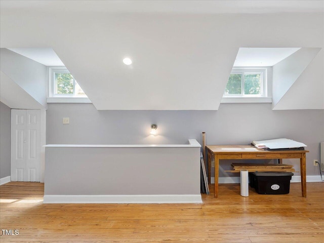 additional living space featuring baseboards, wood finished floors, and lofted ceiling