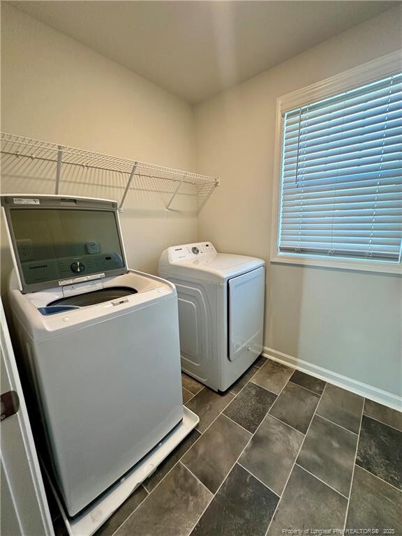 331 Brentmoor Dr, Raeford, NC 28376 - washroom with baseboards, laundry area, and washing machine and clothes dryer