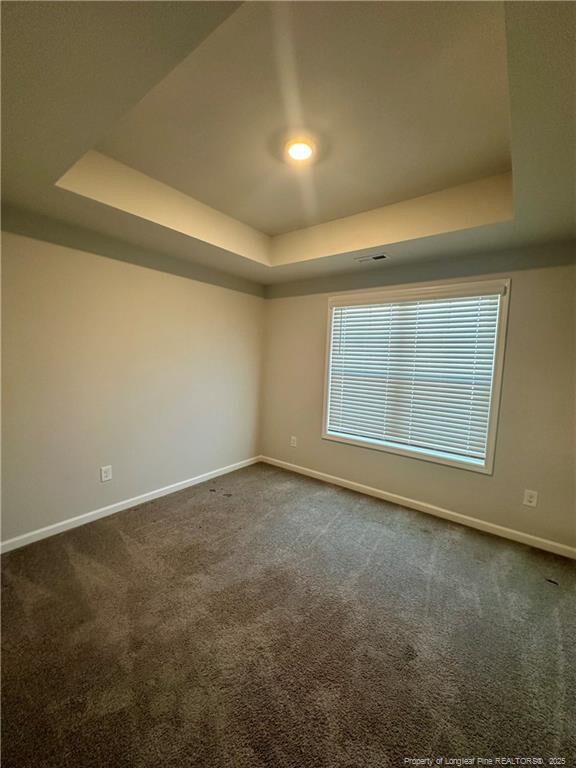 331 Brentmoor Dr, Raeford, NC 28376 - unfurnished room with baseboards, a tray ceiling, and dark colored carpet