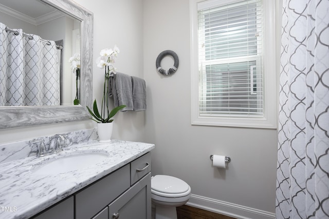 bathroom with wood finished floors, vanity, baseboards, toilet, and ornamental molding