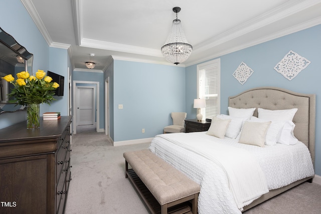 bedroom featuring crown molding, a notable chandelier, light carpet, a raised ceiling, and baseboards