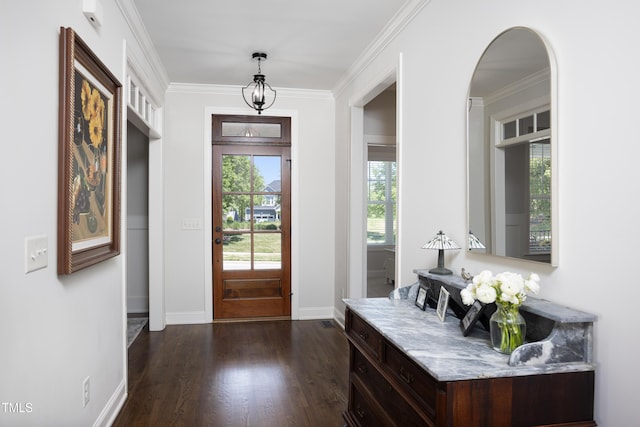 entrance foyer with baseboards, crown molding, and dark wood-style floors