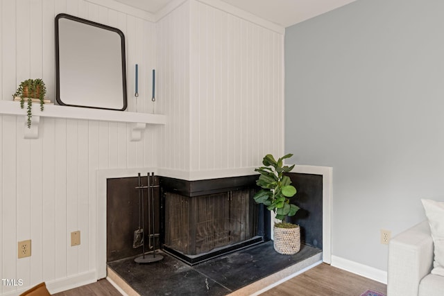 details with a multi sided fireplace, baseboards, and wood finished floors