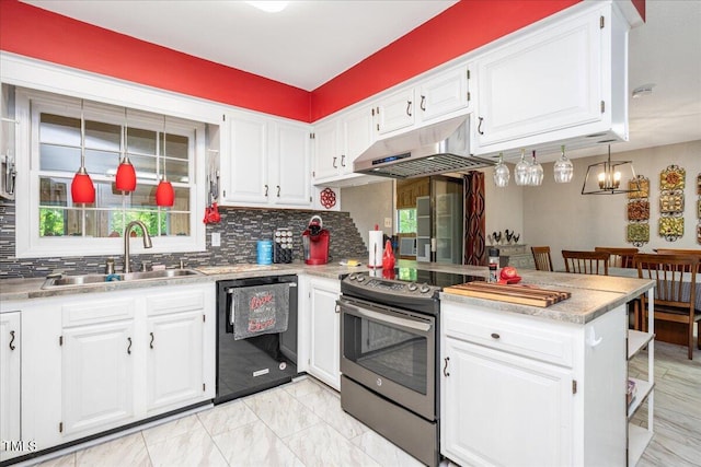 kitchen featuring stainless steel range with electric stovetop, a sink, white cabinetry, under cabinet range hood, and dishwasher