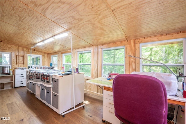 office area with wood ceiling, vaulted ceiling, wood-type flooring, and wooden walls
