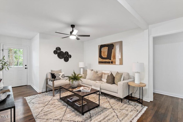 3907 Inwood Dr, Durham, NC 27705 - living area featuring dark wood-type flooring, ceiling fan, and baseboards
