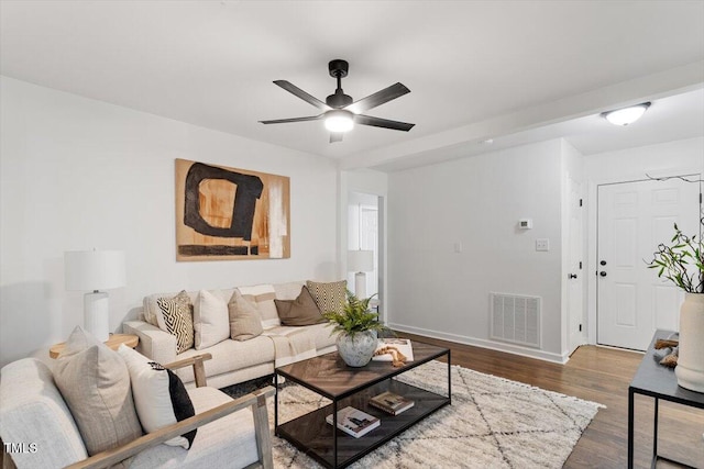 3907 Inwood Dr, Durham, NC 27705 - living room with wood finished floors, a ceiling fan, and baseboards