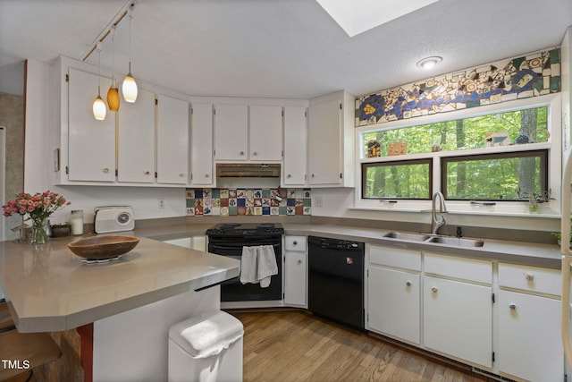 kitchen featuring black appliances, a sink, a skylight, wood finished floors, and under cabinet range hood
