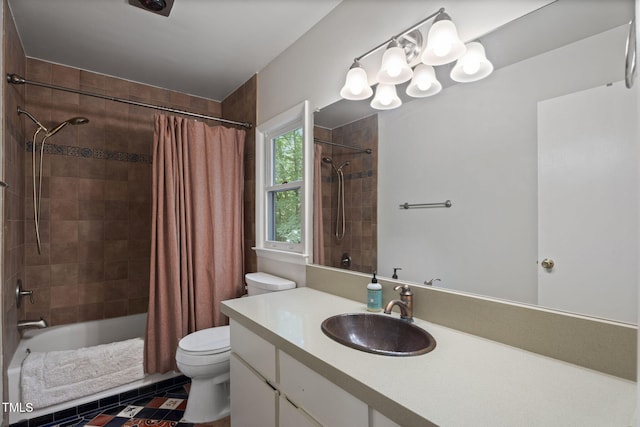 bathroom with toilet, shower / bath combo, a chandelier, vanity, and tile patterned floors