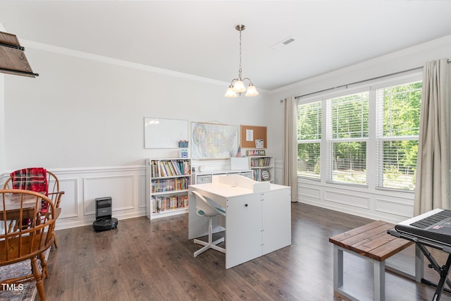 office with ornamental molding, a decorative wall, dark wood-style flooring, and visible vents