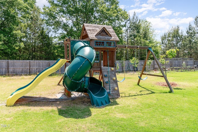 view of playground with a fenced backyard and a yard