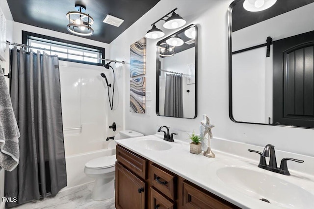 206 Wynngate Dr, Cameron, NC 28326 - bathroom with toilet, double vanity, and shower / bath combination with curtain