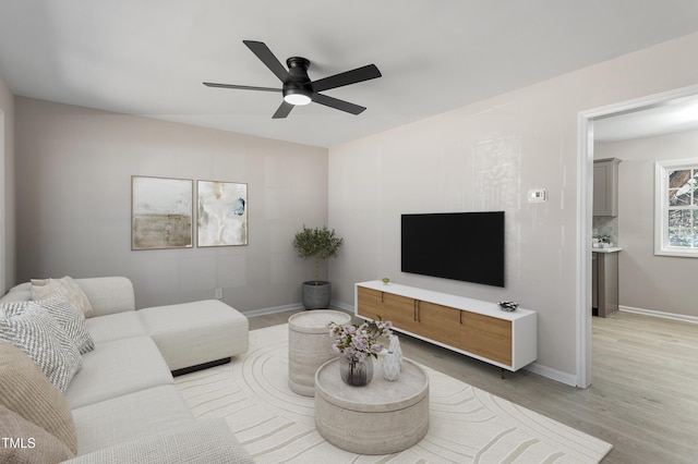 living room with ceiling fan, baseboards, and light wood-style floors