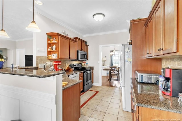 110 Wynngate Dr, Cameron, NC 28326 - kitchen with open shelves, brown cabinets, light tile patterned floors, a peninsula, and stainless steel appliances