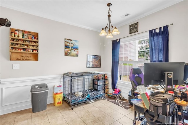 110 Wynngate Dr, Cameron, NC 28326 - tiled dining room with ornamental molding, a chandelier, and visible vents