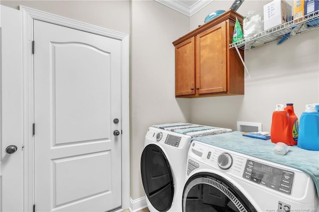 110 Wynngate Dr, Cameron, NC 28326 - washroom featuring crown molding, baseboards, cabinet space, and washing machine and clothes dryer