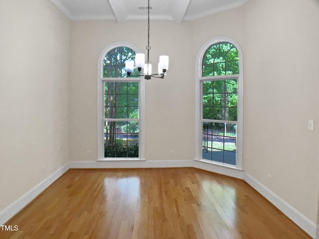unfurnished dining area with beam ceiling, wood finished floors, and a wealth of natural light