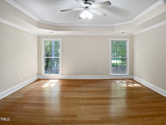unfurnished room featuring crown molding, ceiling fan, wood finished floors, and a raised ceiling
