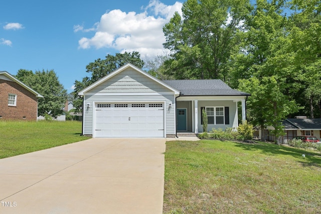 ranch-style house with driveway, a front lawn, a garage, and a porch