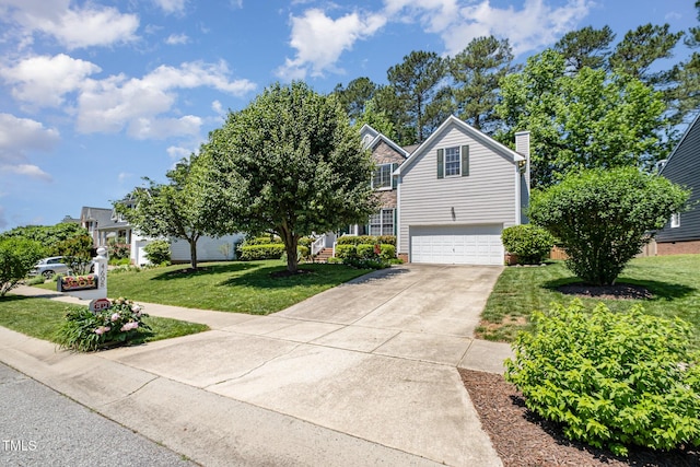 view of front of home featuring a garage, concrete driveway, a chimney, a front yard, and brick siding