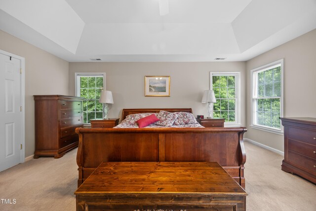 4608 Regency Dr, Durham, NC 27713 - bedroom featuring a tray ceiling, light carpet, and baseboards