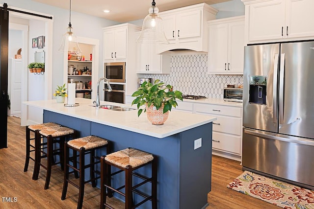 kitchen featuring white cabinets, a sink, stainless steel fridge with ice dispenser, backsplash, and dark wood-style floors