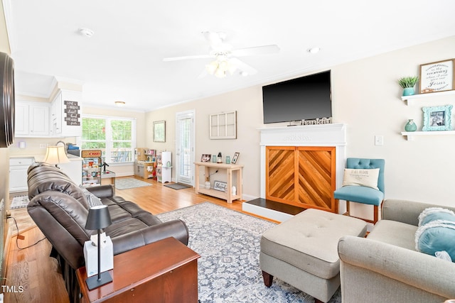 living room featuring ceiling fan, ornamental molding, and light wood finished floors