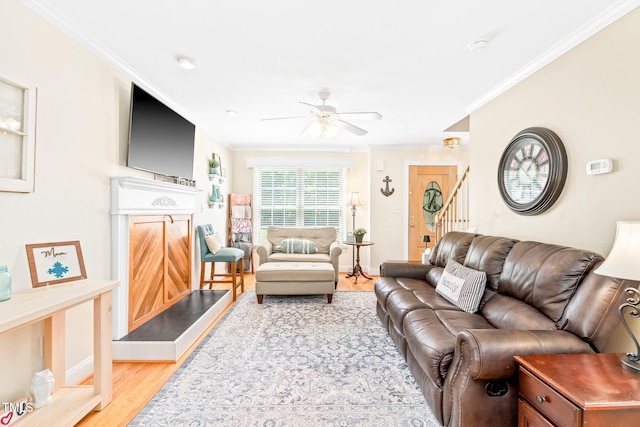 living room featuring crown molding, a ceiling fan, stairs, and wood finished floors