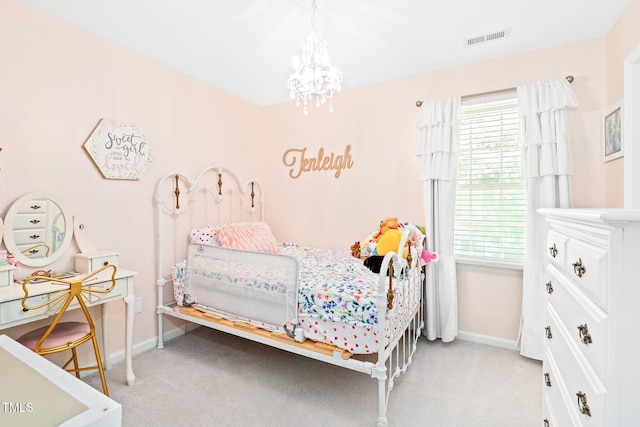 carpeted bedroom with visible vents, baseboards, a notable chandelier, and multiple windows