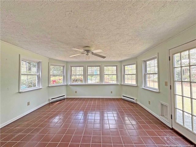161 Lakeview Dr, Southern Pines, NC 28387 - unfurnished sunroom featuring baseboards, a baseboard radiator, a textured ceiling, and tile patterned floors