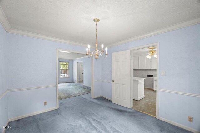 3025 Wycliff Rd, Raleigh, NC 27607 - unfurnished dining area with crown molding, carpet, a chandelier, baseboards, and a textured ceiling
