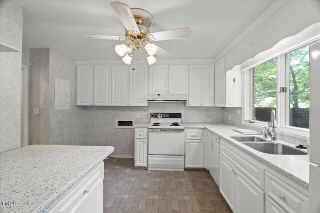 3025 Wycliff Rd, Raleigh, NC 27607 - kitchen featuring white appliances, under cabinet range hood, a sink, white cabinetry, and a ceiling fan