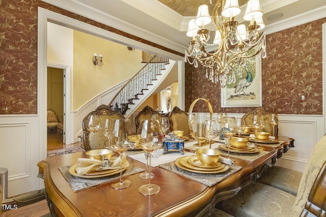 5901 Charleycote Dr, Raleigh, NC 27614 - dining room featuring wallpapered walls, wainscoting, and stairway
