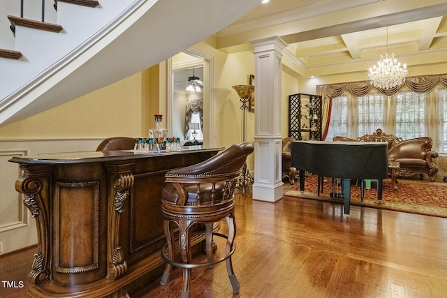 5901 Charleycote Dr, Raleigh, NC 27614 - bar with a dry bar, wood finished floors, beamed ceiling, coffered ceiling, and ornate columns